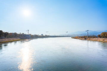 Cable car through Syr Darya river in Khujand