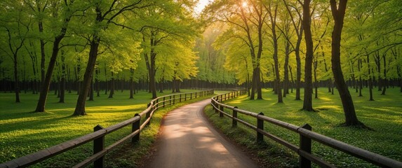 Walkway in a green spring beech forest. Beautiful natural tunnel. Atmospheric landscape. Eco tourism, travel destinations, environmental conservation, pure nature