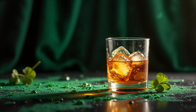 Glass of Irish whiskey with ice for St. Patrick&rsquo;s Day celebration