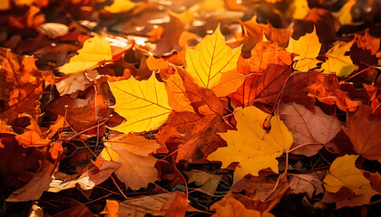 Fototapeta premium Vibrant autumn leaves in warm sunlight. Rich oranges and golds create a stunning fall scene, perfect for seasonal designs, blogs, or websites. Evokes feelings of warmth and tranquility. Ideal for