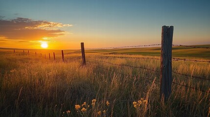Obraz premium Serene Sunrise Behind Wooden Fence Barbed Wire in a Meadow with Golden Grass and Vibrant Sky Capturing Tranquility of Nature