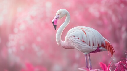 Fototapeta premium A serene pink flamingo stands gracefully against a soft, blurred pink background.