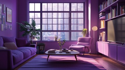 Modern living room with purple furniture and curtains on panoramic window. Vector cartoon illustration of empty lounge interior with sofa, chair, cabinet, books on table and big window