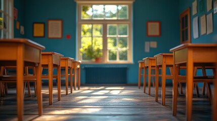 Fototapeta premium Sunlit classroom with empty wooden desks.
