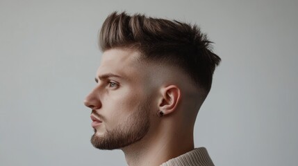 Fototapeta premium Profile view of a young man with a trendy textured hairstyle, short on the sides and longer on top, and a short beard.