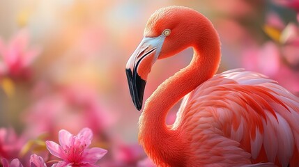 Obraz premium A vibrant flamingo surrounded by pink flowers in a soft, colorful background.