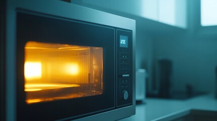 Fototapeta premium Modern microwave oven with open and closed door and lit lamp inside. Kitchen electric appliance for cooking food. Vector realistic 3d empty white microwave oven with display, buttons and glass plate