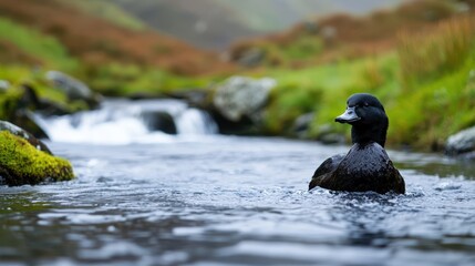 Fototapeta premium Black Duck Swimming in Calm Stream Surrounded by Green Hills
