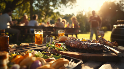 a Braai hosted outdoors in a South African backyard, with a rustic wooden table covered in side dishes like salads, bread, and condiments, and people enjoying drinks in the background