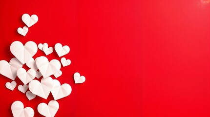 White paper hearts on red background