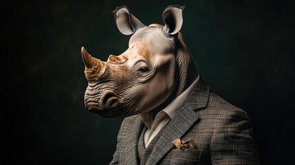 A surreal depiction of a rhinoceros with a human suit, blending animal and human characteristics.