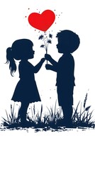Silhouette boy and girl, red heart-shaped balloon love, friendship, valentine theme