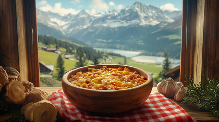 Älplermagronen served in a wooden bowl on a rustic table, surrounded by traditional Swiss decor like a red-checked cloth, with a scenic view of the Alps visible in the background
