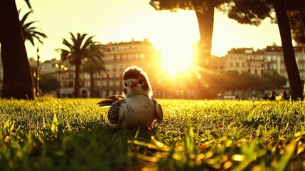 Adorable Bird in Sunset Grass Park Scene