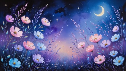 Imagine a Dreamy Nocturnal Airbrush Painting, Featuring Deep Blues and Purples, Soft Glowing Lights, and a Mystical Atmosphere, Evoking a Calm, Serene Night Sky Full of Stars and Tranquility