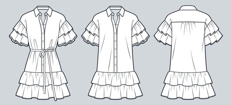 Ruffle mini Dress technical fashion illustration. Shirt Dress fashion flat technical drawing template, button collar, ruffle sleeves, belt, front and back view, white, women Dress CAD mockup.