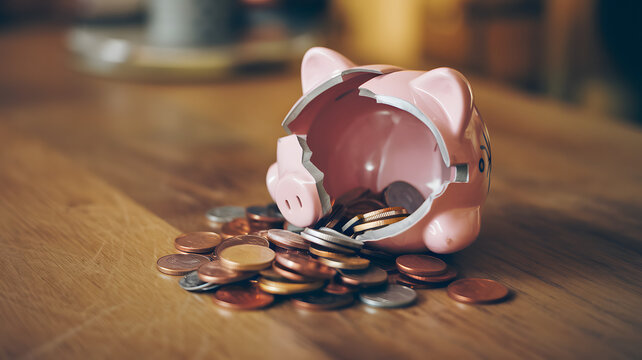Broken piggy bank with coins scattered around, symbolizing financial struggle and the need for careful budgeting and saving.