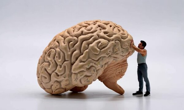 miniature figurine of a man pushing a huge human brain