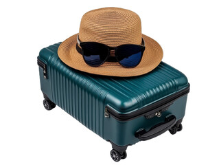 Travel Essentials Green suitcase topped with sun hat and sunglasses ready for adventure and vacation fun Isolated on transparent background.
