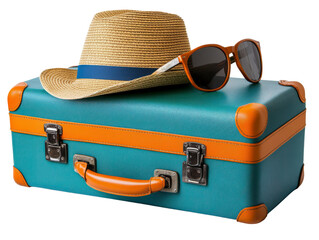 Traveler's Essentials, teal suitcase, straw hat, and sunglasses, evoking a sense of adventure and leisure. Isolated on transparent background.