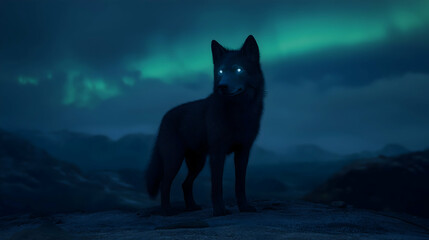 Wolf portrayed as a Norse demigod standing majestically under the northern lights in a mystical landscape