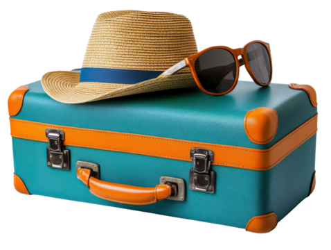 Traveler's Essentials, teal suitcase, straw hat, and sunglasses, evoking a sense of adventure and leisure. Isolated on transparent background.