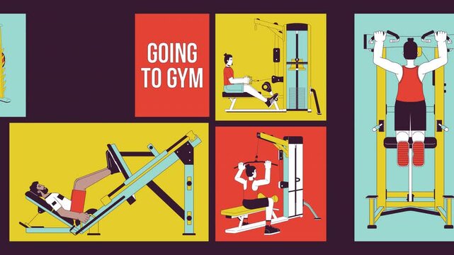 Men gym sports training bento grid animation. Weights lifting, pullups. Bodybuilding muscles. Exercise male collage motion 4K video web design. Animated cartoon characters collection mood board