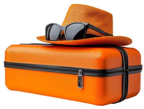 Orange suitcase travel combination ready for adventure hat and sunglasses poised on luggage against white background Isolated on transparent background.