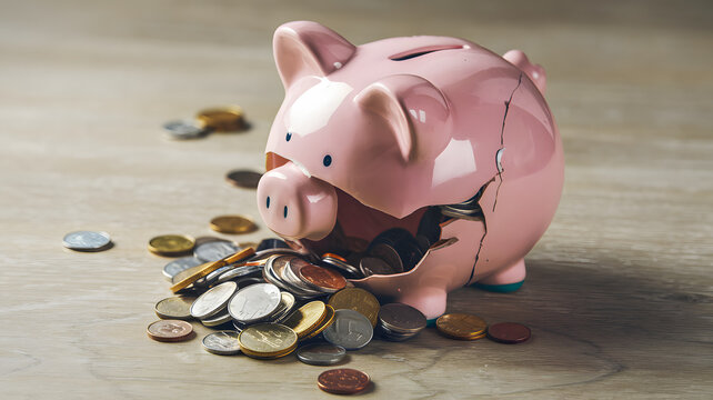 Broken piggy bank with coins scattered around, symbolizing financial struggle and the need for careful budgeting and saving.