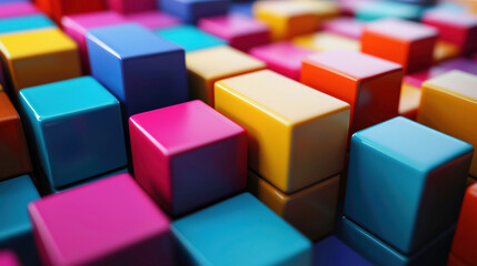 Obraz premium Colorful Cubes Arrangement with Bright Colors in Various Sizes and Dimensions Creating a Playful and Vibrant Abstract Background