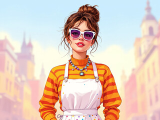 Obraz premium A smiling woman wearing a bright yellow hat and top stands against a city street background. This vibrant image is likely a stock photo of happy travel and summer.