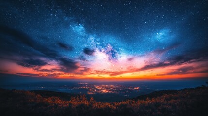 Naklejka premium Vibrant sunset with Milky Way galaxy over city lights.