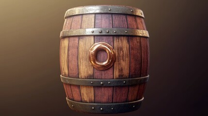 Fototapeta premium Wooden barrel for wine or beer. Cask from oak wood with copper or iron rings. Vector realistic keg for whiskey, rum or cognac isolated on transparent background