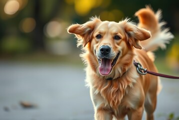 A happy dog energetically pulls on its leash while enjoying a lively afternoon stroll through a sunny park filled with trees and vibrant colors