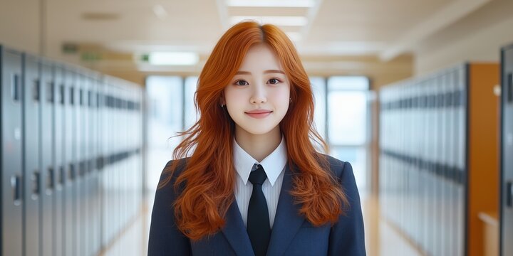 Young Woman Vibrant Red Hair School Uniform Corridor Setting - Powered by Adobe