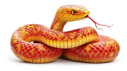 Fototapeta premium A vividly colored snake with orange and yellow scales, coiled elegantly, showcasing its tongue and striking features.