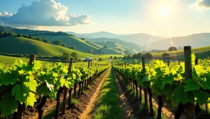 Fototapeta premium Rolling hills, sun-drenched vines, vineyard rows, countryside, wine grapes