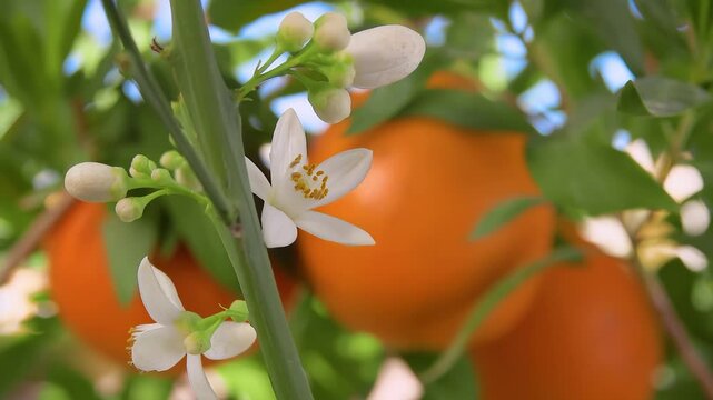 The white orange fragrant flower is blooming on the branch of the green citrus tree . High quality 4k footage