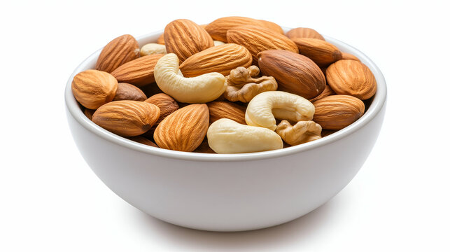 Bowl filled with a variety of mixed nuts including almonds and cashews for healthy snacking options