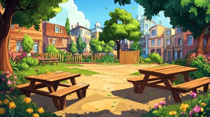 City park with wooden picnic table and benches, green trees, grass with flowers and town buildings on skyline. Vector cartoon summer landscape of empty public garden with food and drink on table