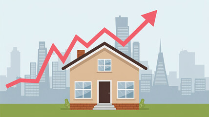 A visually captivating illustration of a house with a rising graph, symbolizing increasing rental costs, real estate growth, and financial trends in the housing market.
