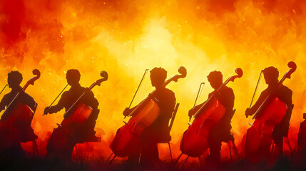Cello players performing with dramatic orange background