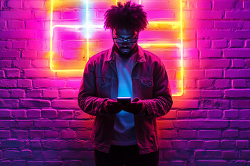 A young African American man uses his smartphone securely in the cloud. Neon lights on a wall...