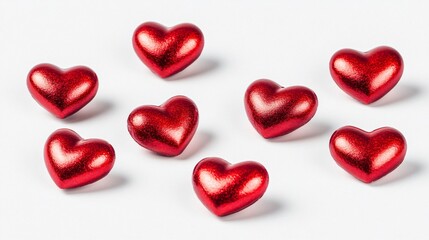 Seven Red Metallic Hearts Scattered on White Background Valentine's Day Love Concept