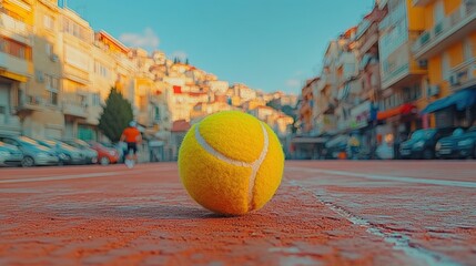 Tennis ball on outdoor court with city background.