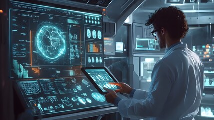 Scientist analyzing medical data on futuristic screens