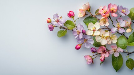 Pink purple and yellow blossoms with green leaves on taupe background