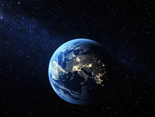Fototapeta premium Stunning view of Earth's night beauty from space, with Europe's stars and city lights shimmering in a blue hue, capturing the enchanting blend of celestial and urban luminance.