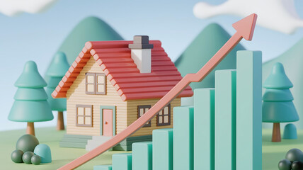A visually captivating illustration of a house with a rising graph, symbolizing increasing rental costs, real estate growth, and financial trends in the housing market.