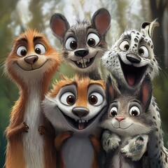 Fototapeta premium Five Happy Cartoon Animals Posing Together